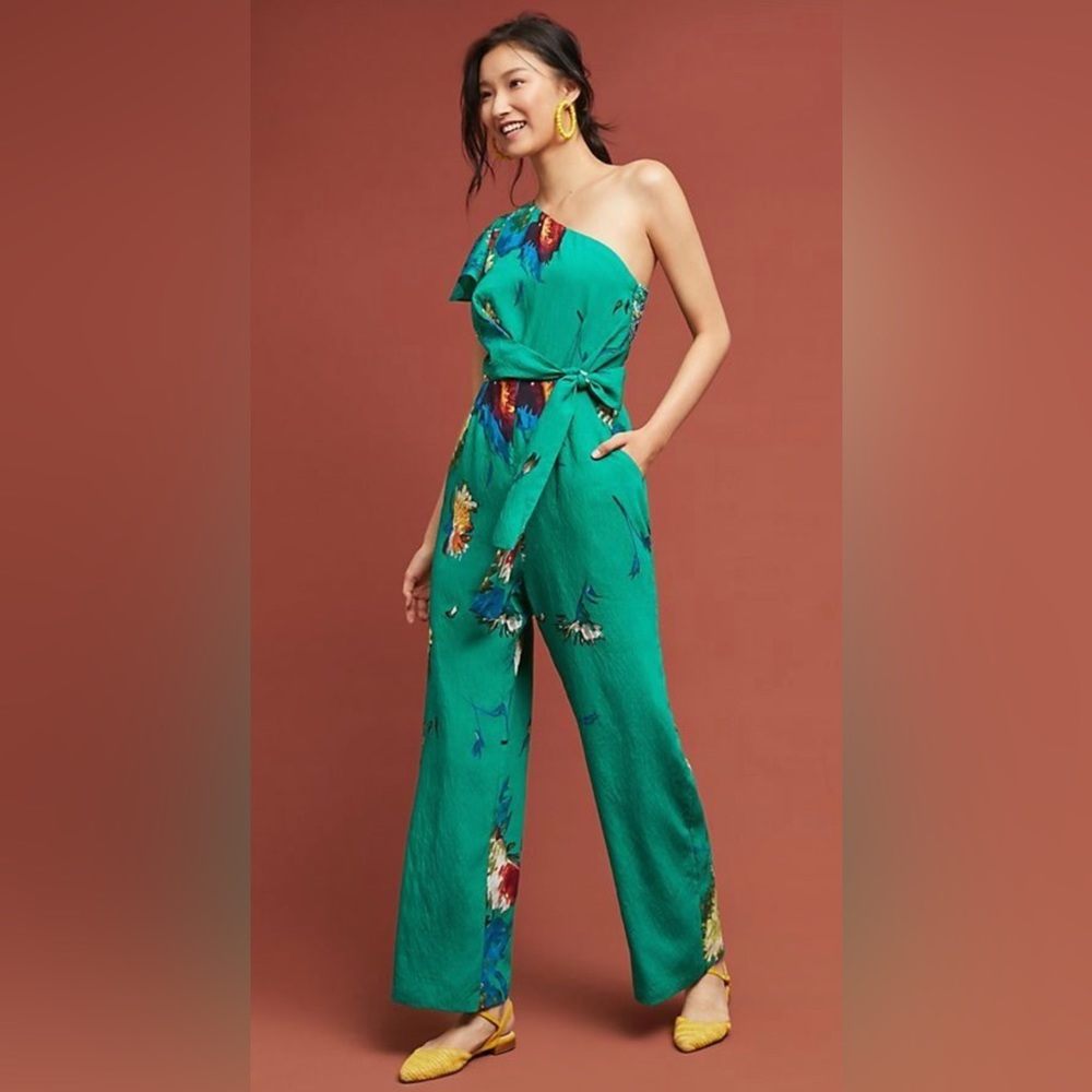 Eva Franco One Shoulder Green Floral Jumpsuit